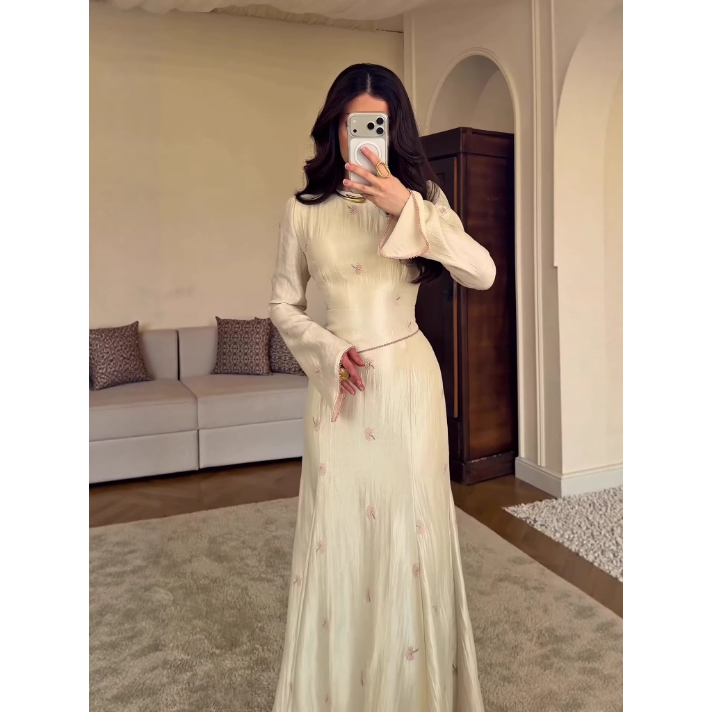 Satin Embroidery Mermaid Prom Dresses Women Elegant Bell Sleeve Round-neck Full Sleeve Evening Robe Simple Fashion Party