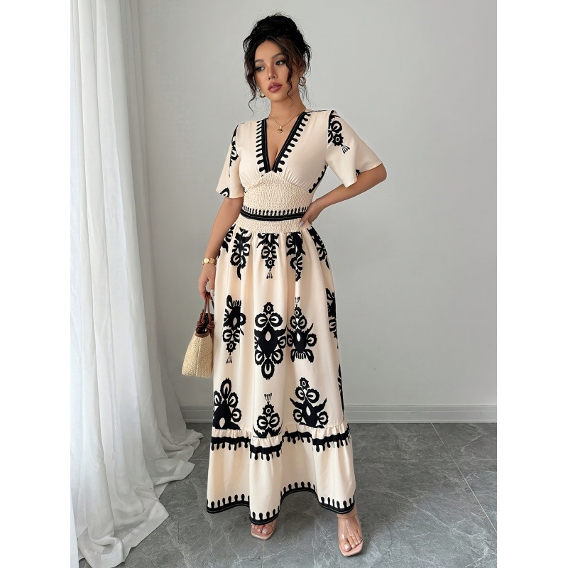 Summer Long V-neck Print Dress Women's Retro Waist Cinched A- line Skirt Digital Printing High Waist Midi Dress Elegant