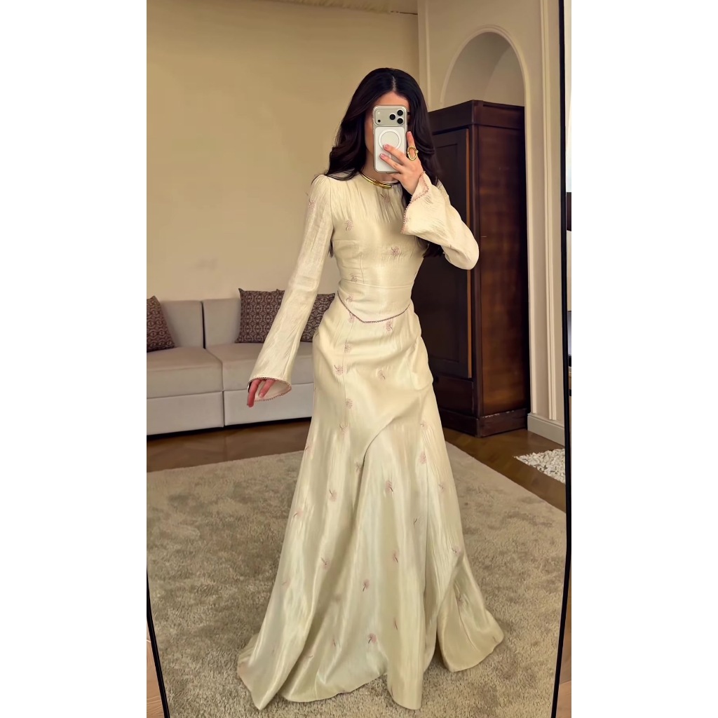 Satin Embroidery Mermaid Prom Dresses Women Elegant Bell Sleeve Round-neck Full Sleeve Evening Robe Simple Fashion Party