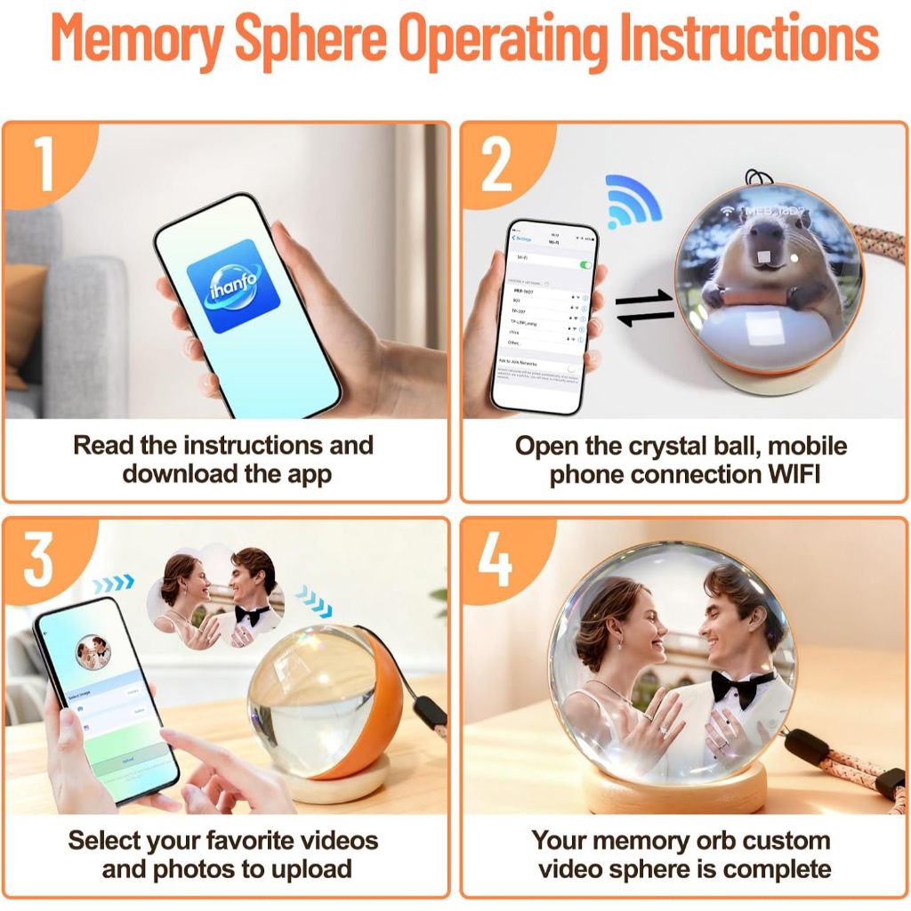 Memory Orb Ball – 2.76" Crystal Video Orb with Digital Display – Uploadable Photos & Videos via WiFi Personalized Gift