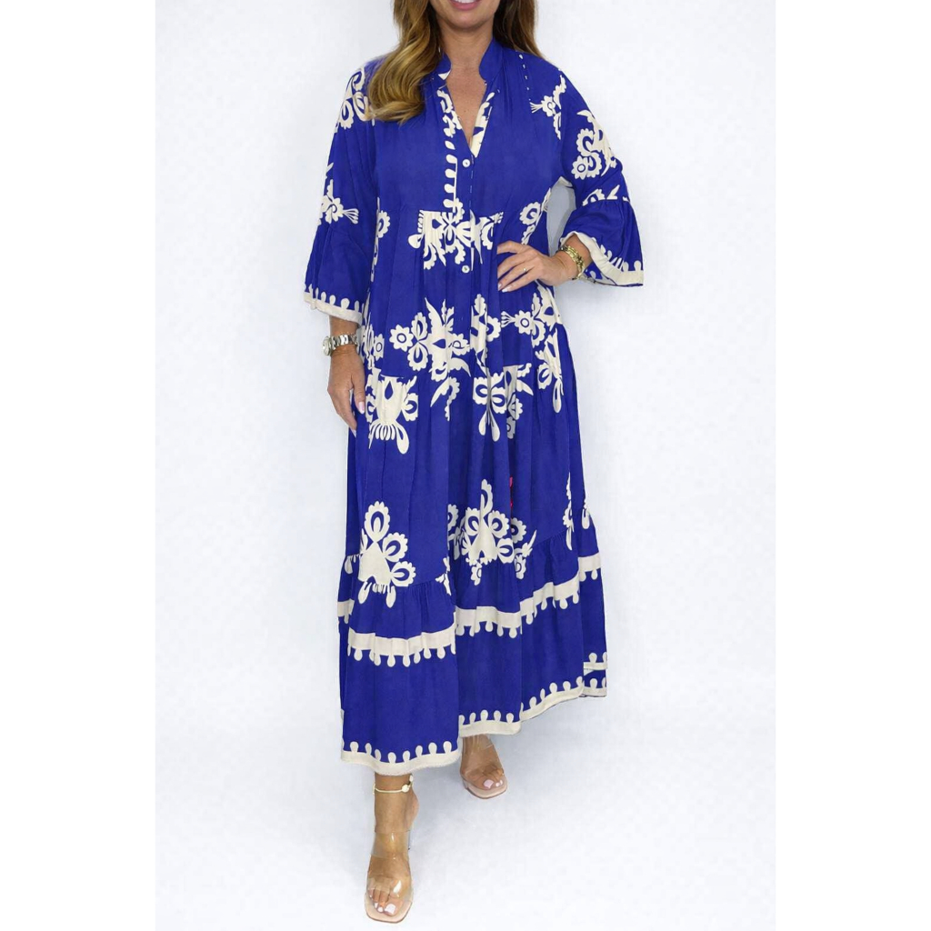 Elegant Printed Stand Collar Waist Cinched Dress Women's Long Skirt Polyester Fiber Flared Sleeve