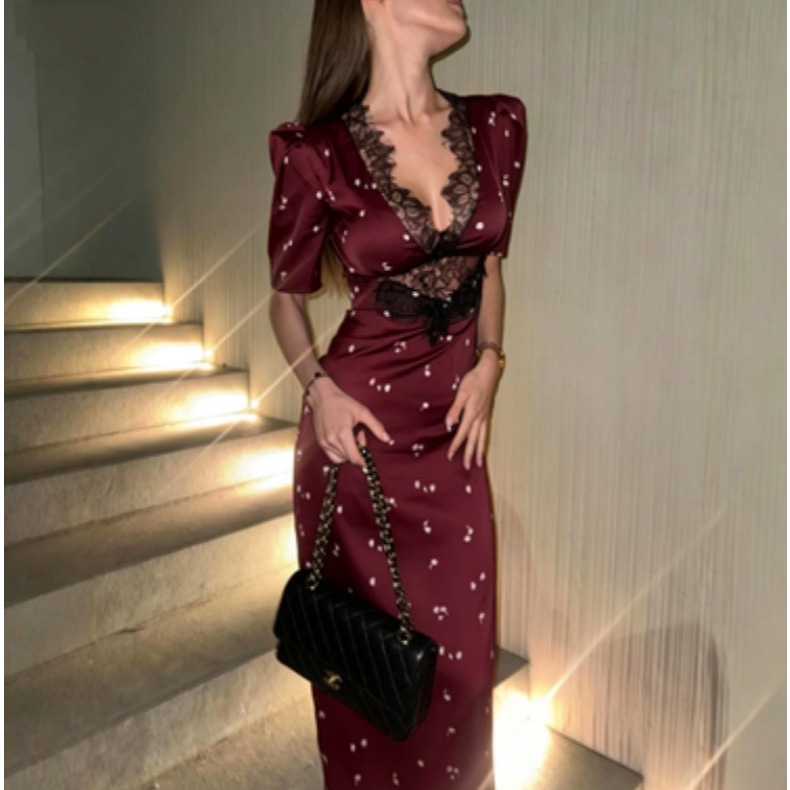 Lace Patchwork Printed Maxi Dresses For Women Fashion Streetwear Short Sleeves Slim Hollow Out Long Robes Female