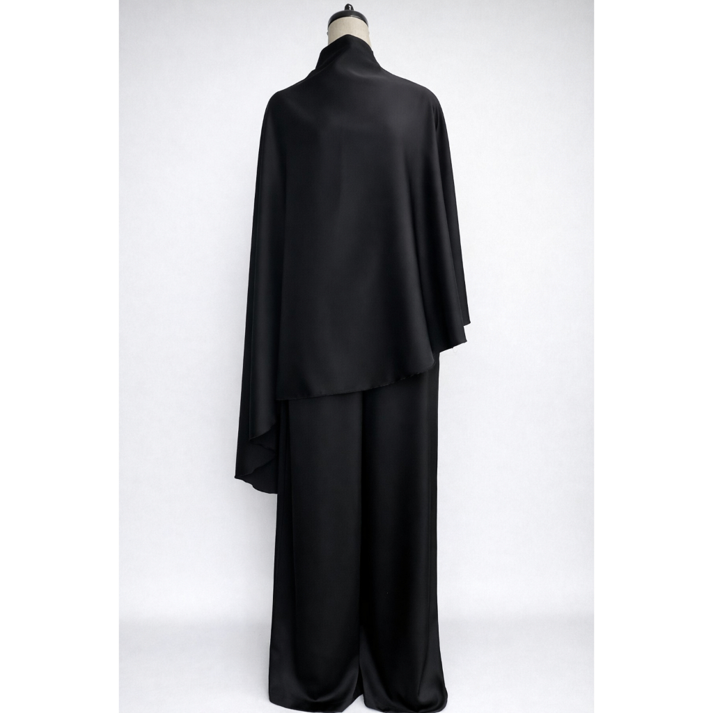 Women Elegant Hight Waist Solid 2Pc Outfits Casual Cape Sleeve Loose Satin Suit Fashion Stand Collar Irregular