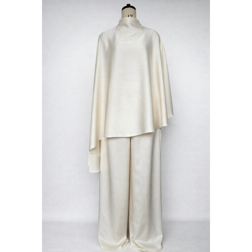 Women Elegant Hight Waist Solid 2Pc Outfits Casual Cape Sleeve Loose Satin Suit Fashion Stand Collar Irregular