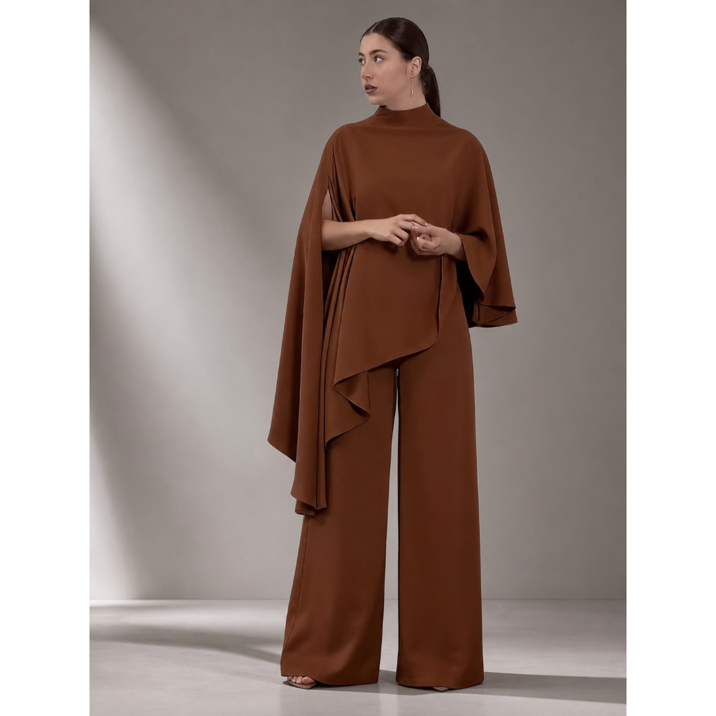 Women Elegant Hight Waist Solid 2Pc Outfits Casual Cape Sleeve Loose Satin Suit Fashion Stand Collar Irregular