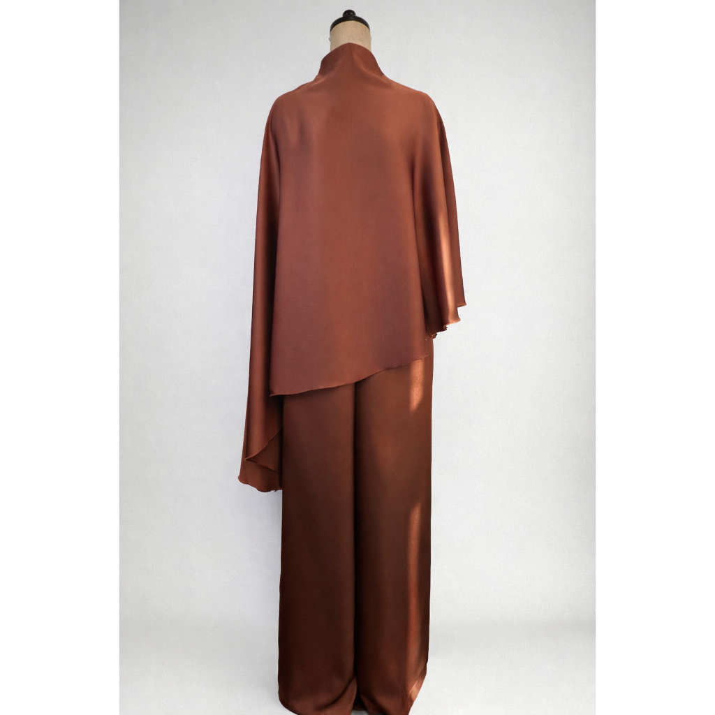 Women Elegant Hight Waist Solid 2Pc Outfits Casual Cape Sleeve Loose Satin Suit Fashion Stand Collar Irregular
