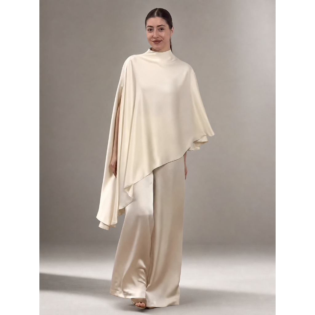Women Elegant Hight Waist Solid 2Pc Outfits Casual Cape Sleeve Loose Satin Suit Fashion Stand Collar Irregular