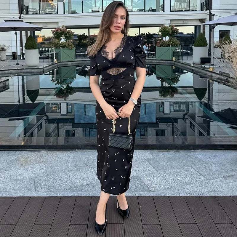Lace Patchwork Printed Maxi Dresses For Women Fashion Streetwear Short Sleeves Slim Hollow Out Long Robes Female