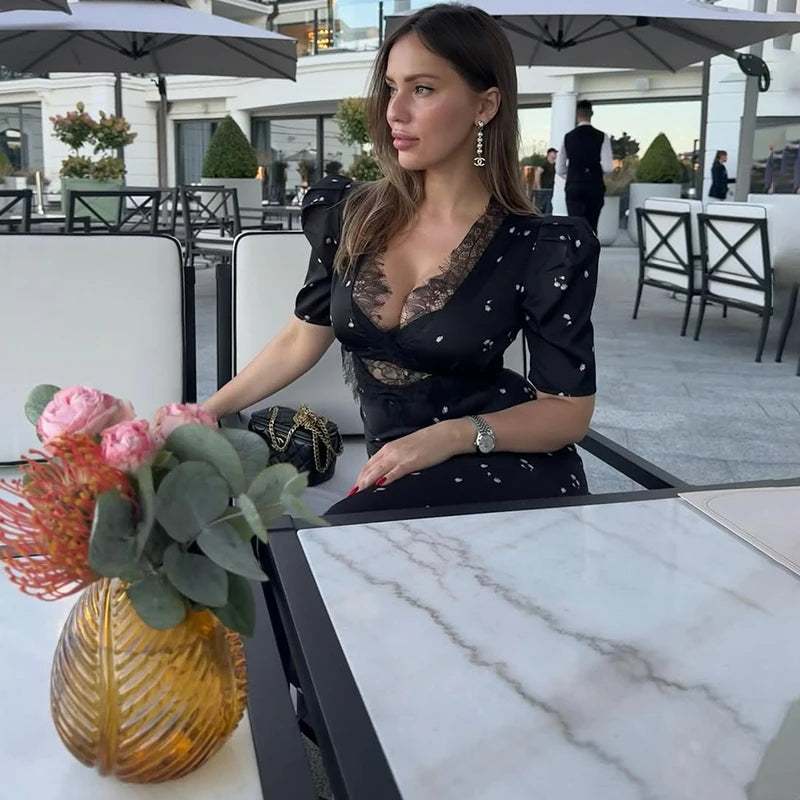 Lace Patchwork Printed Maxi Dresses For Women Fashion Streetwear Short Sleeves Slim Hollow Out Long Robes Female