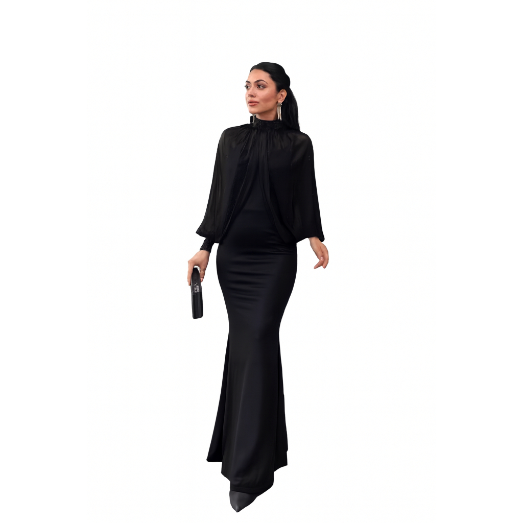 Elegant Arabic Women's Long Gown with Fish Tail Skirt High Collar Beaded Top Strapless Midi Dress for Middle East Ladies