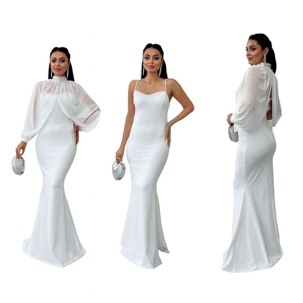 Elegant Arabic Women's Long Gown with Fish Tail Skirt High Collar Beaded Top Strapless Midi Dress for Middle East Ladies