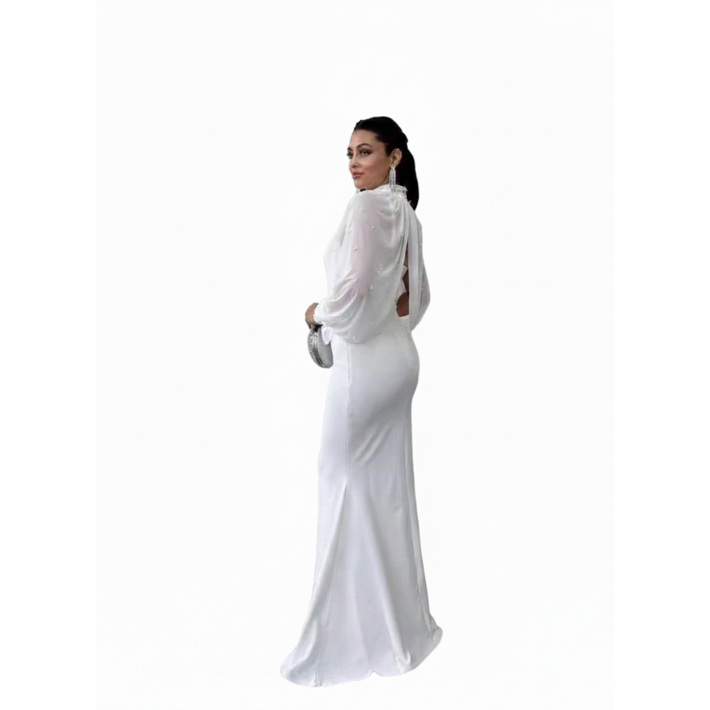 Elegant Arabic Women's Long Gown with Fish Tail Skirt High Collar Beaded Top Strapless Midi Dress for Middle East Ladies