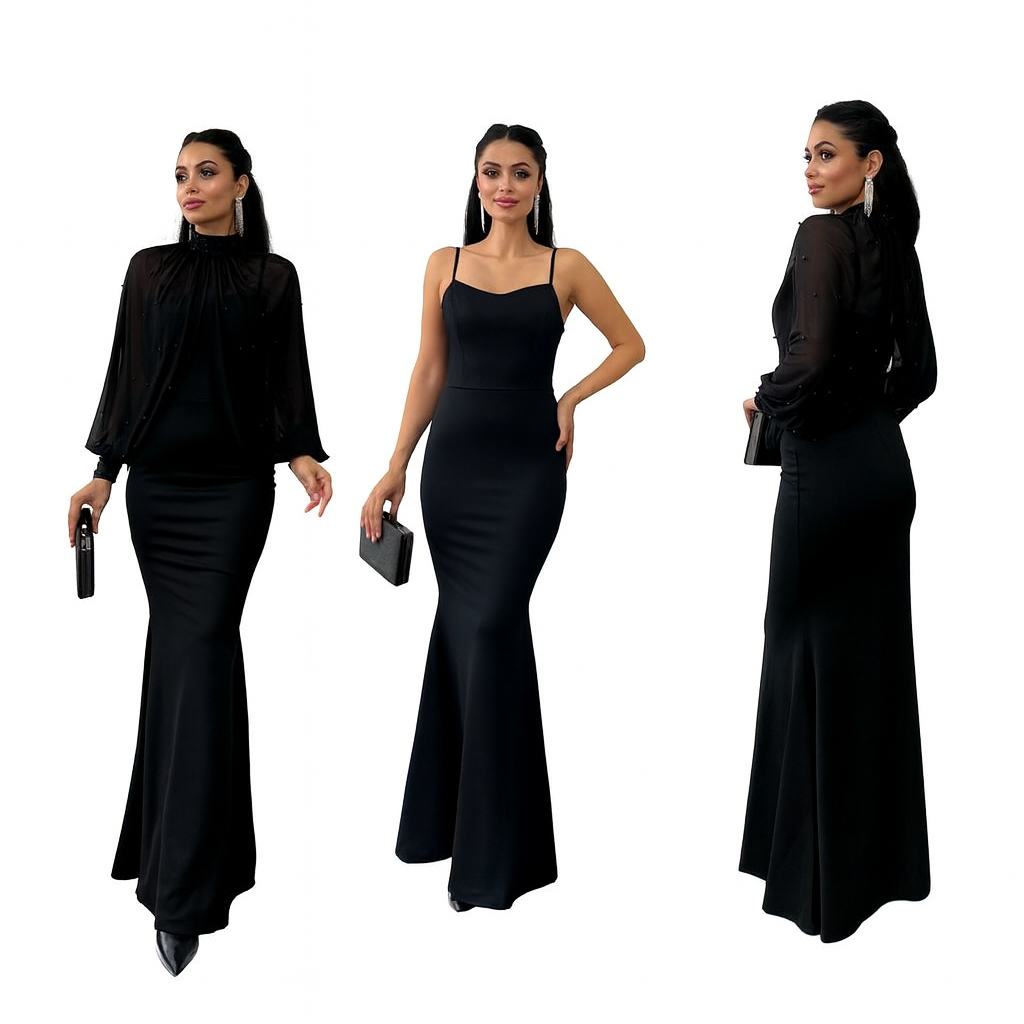 Elegant Arabic Women's Long Gown with Fish Tail Skirt High Collar Beaded Top Strapless Midi Dress for Middle East Ladies