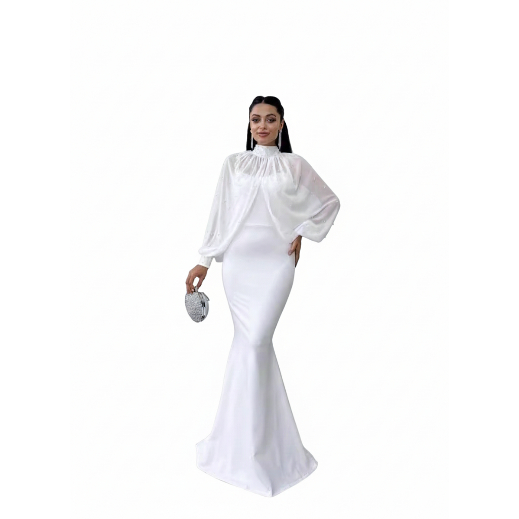 Elegant Arabic Women's Long Gown with Fish Tail Skirt High Collar Beaded Top Strapless Midi Dress for Middle East Ladies