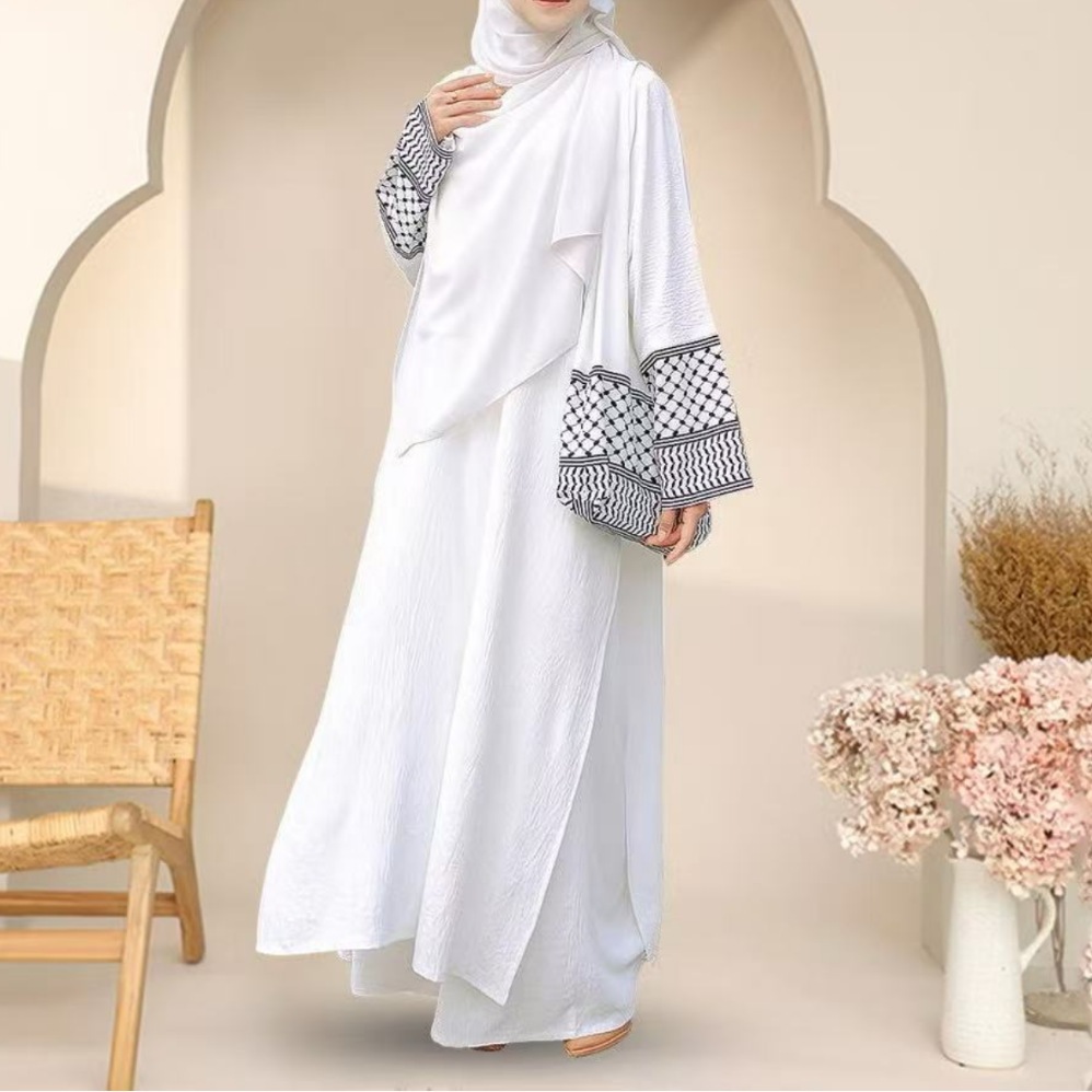 New Three Piece Bag Muslim Solid Color Cotton Hemp Wrinkle Fashion Loose Large Robe Ramadan Dubai Luxury Islam Eleg