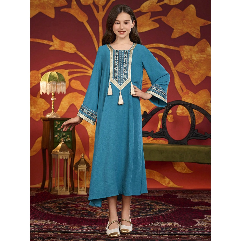 Dubai Muslim Kids Girls Embroidery Maxi Dress Robe Prayer Ramadan Loose Children Islamic Clothing Arabic Abaya
