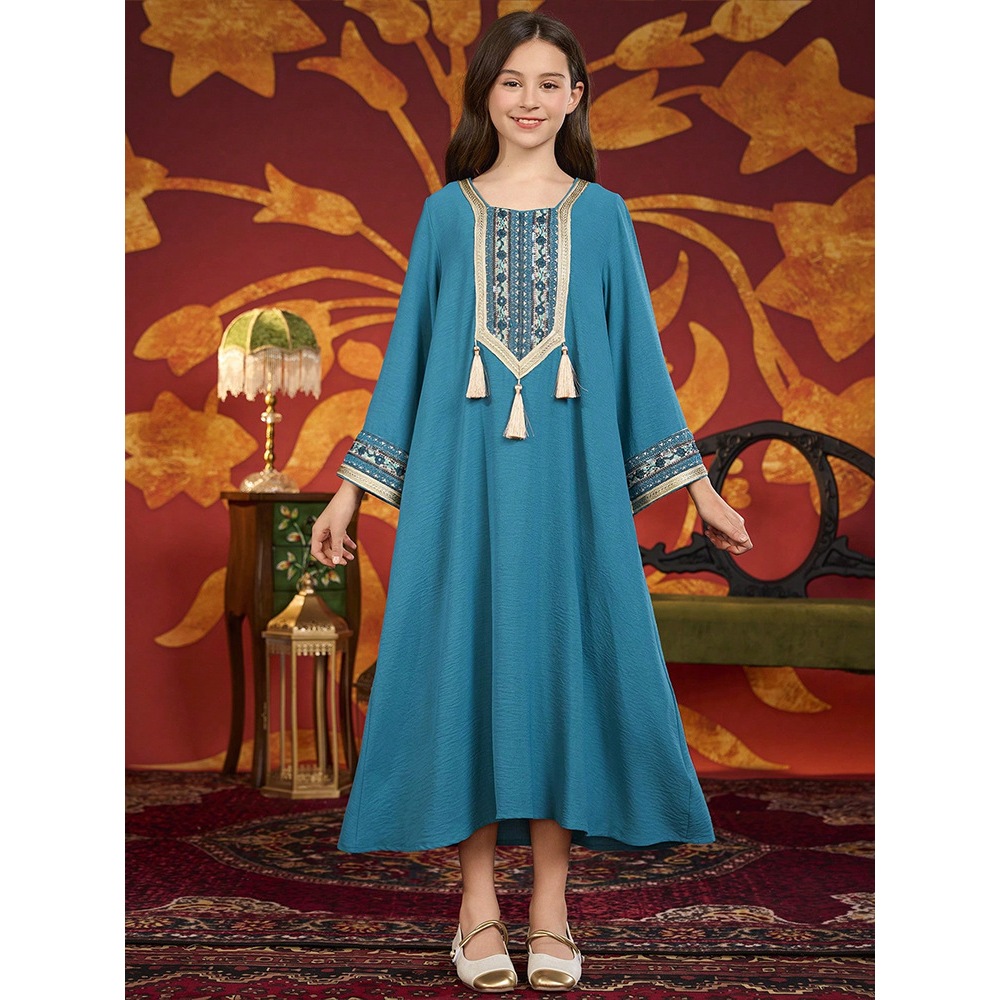 Dubai Muslim Kids Girls Embroidery Maxi Dress Robe Prayer Ramadan Loose Children Islamic Clothing Arabic Abaya