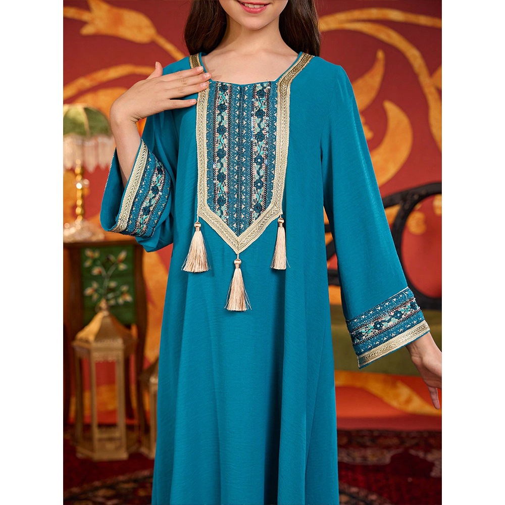 Dubai Muslim Kids Girls Embroidery Maxi Dress Robe Prayer Ramadan Loose Children Islamic Clothing Arabic Abaya