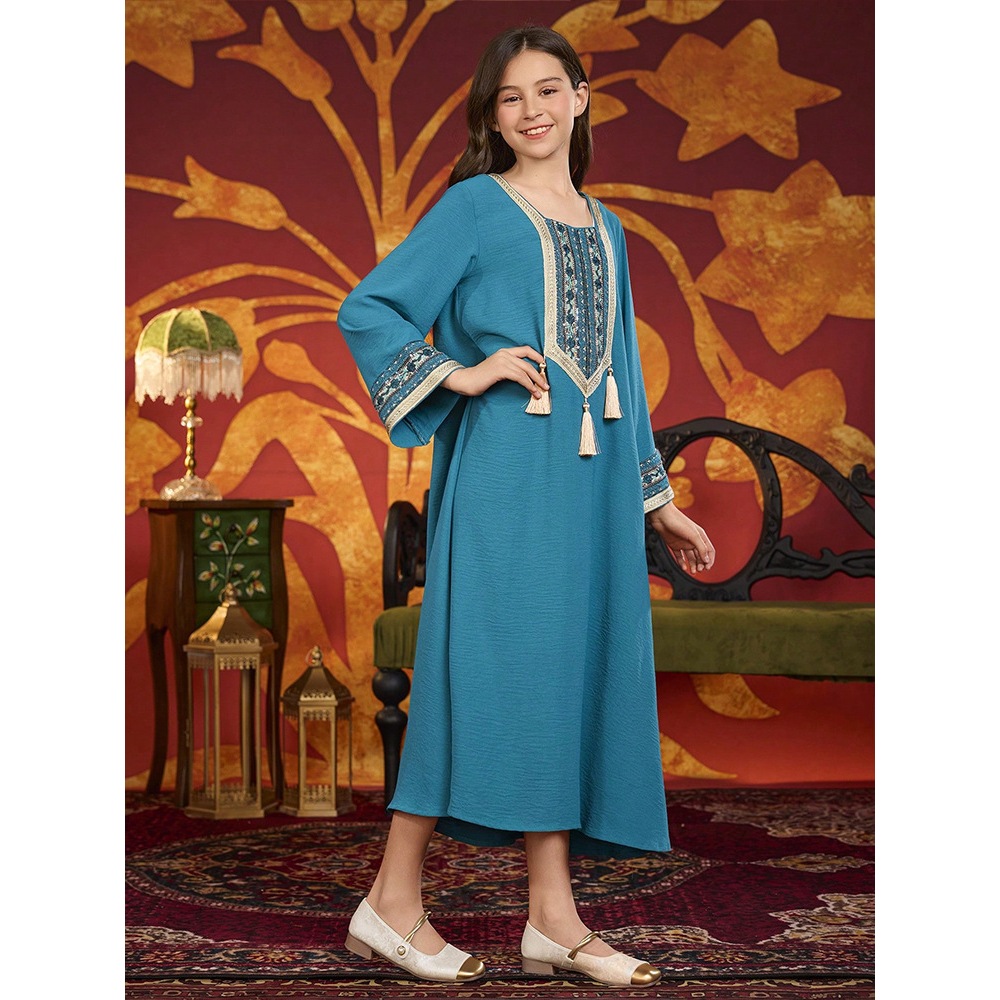 Dubai Muslim Kids Girls Embroidery Maxi Dress Robe Prayer Ramadan Loose Children Islamic Clothing Arabic Abaya