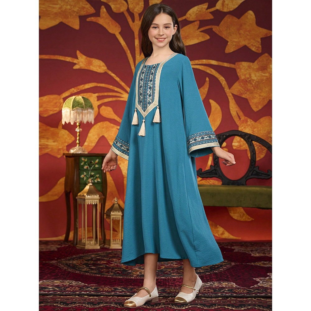Dubai Muslim Kids Girls Embroidery Maxi Dress Robe Prayer Ramadan Loose Children Islamic Clothing Arabic Abaya