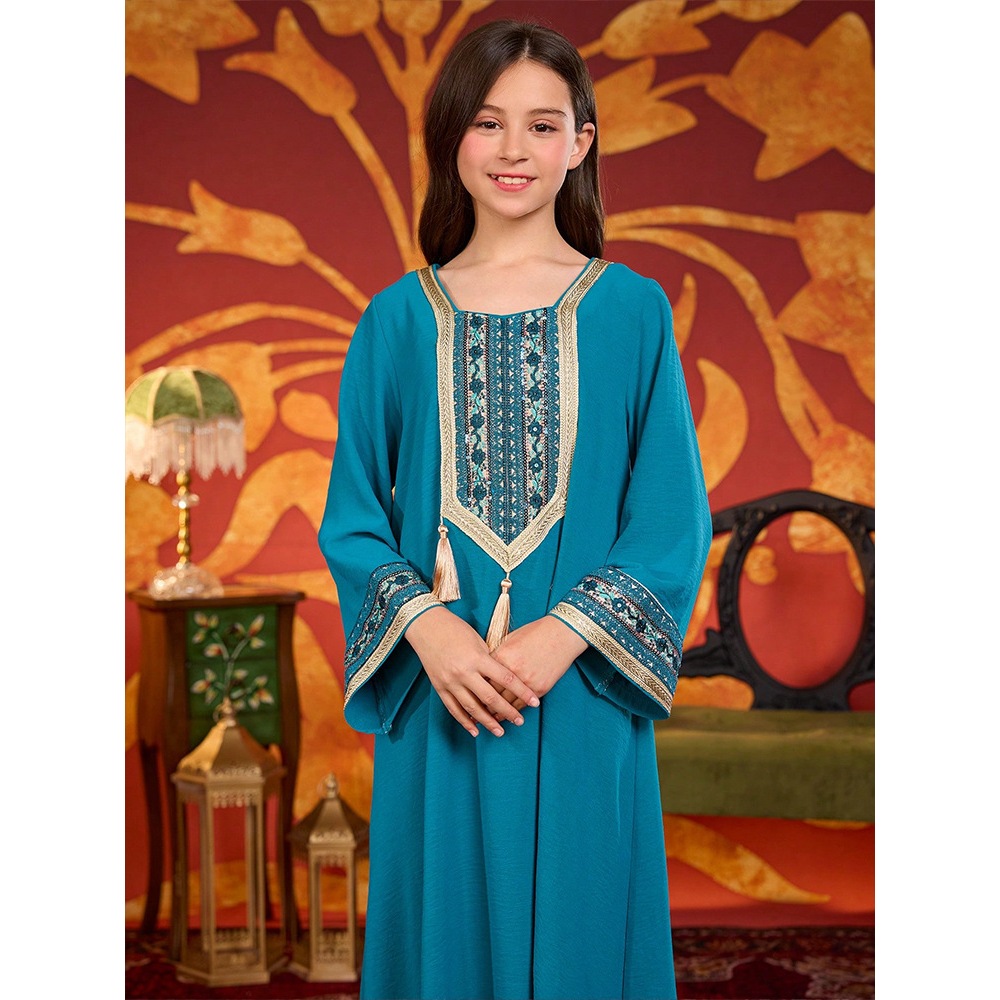 Dubai Muslim Kids Girls Embroidery Maxi Dress Robe Prayer Ramadan Loose Children Islamic Clothing Arabic Abaya