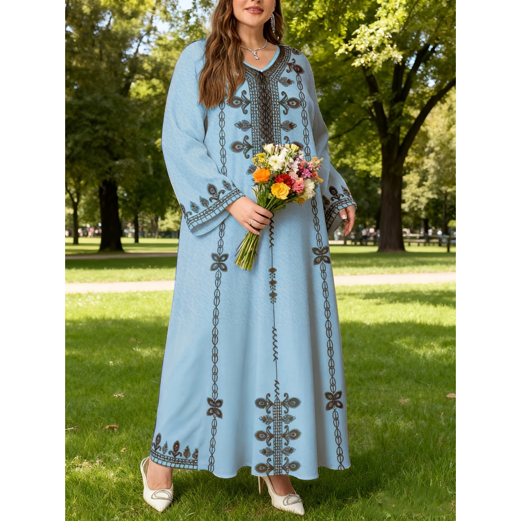 Elegant Robe, Style, Plus-Size Fashion Women's Clothing, Ethnic Print, Stylish, Loose and Comfortable, Long-Sleeve Dress