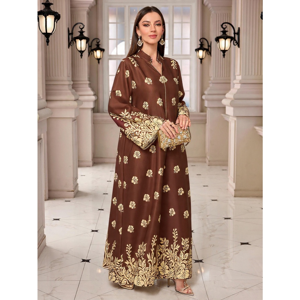 Women Print Dress Abaya Muslim Jalabiya Ramadan V Neck Party Dresses Arab Long Robe Dubai Kaftan