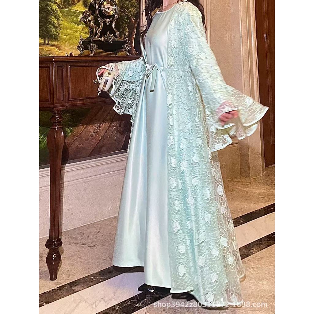 Muslim Party Women's Suits Lace Flare Sleeve Shawl Coat and Long Dress Two Piece Set Spring Elegant Solid Color Outfit