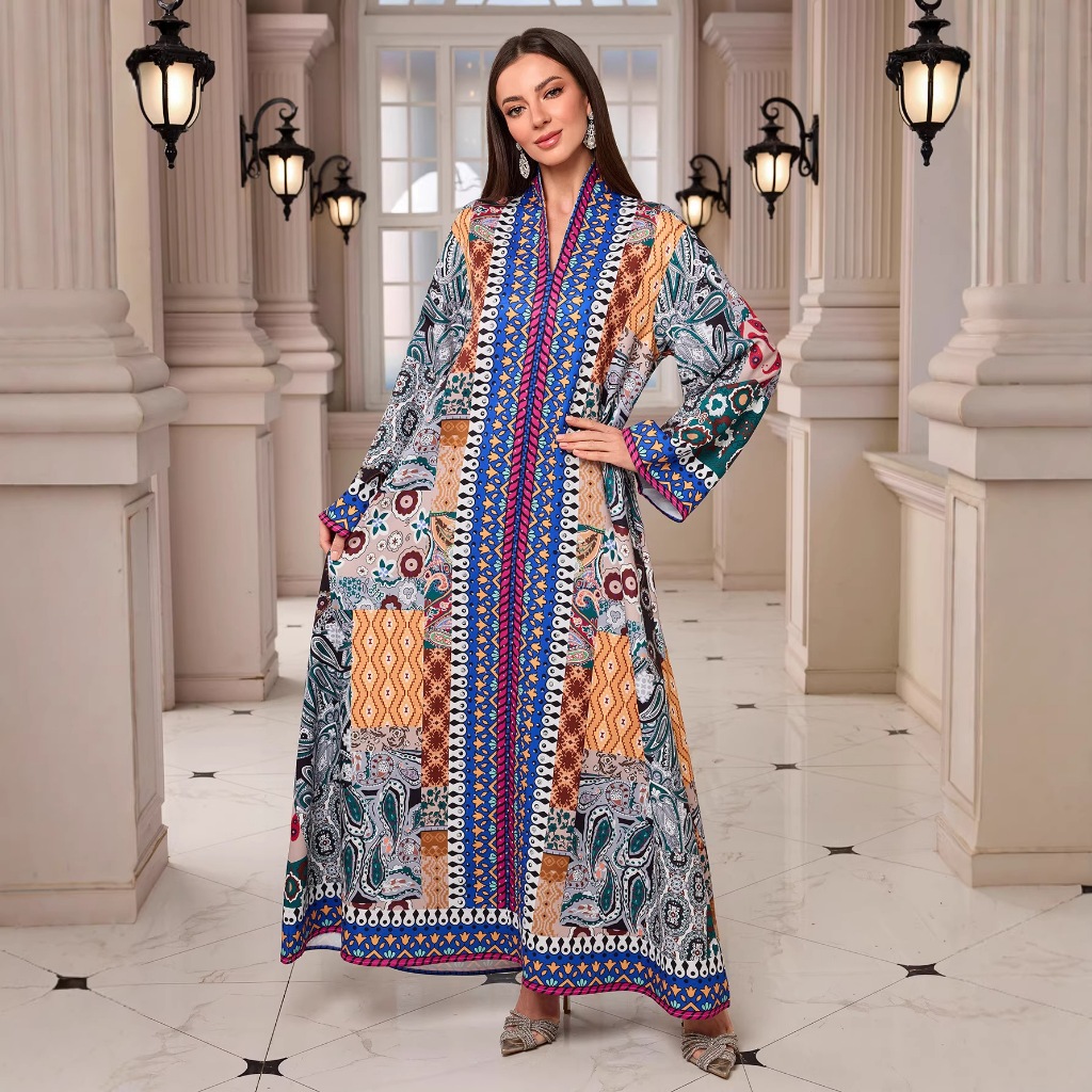 Ramadan Middle East Muslim New Ethnic Print Long Outer Wrap Robe Long Sleeve V-Neck Rhinestone Dress for Daily Wear