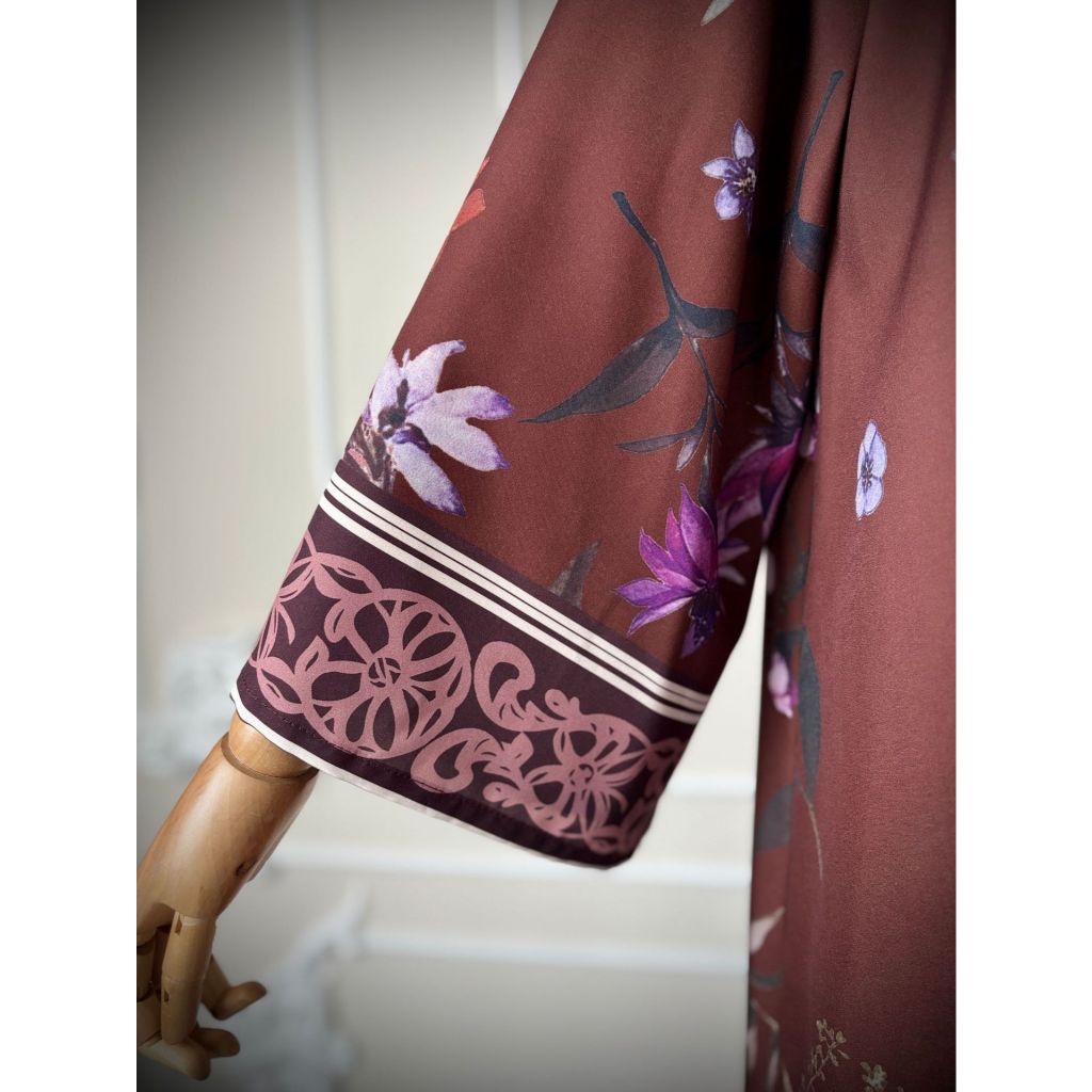 Elegant High Street Swing Vacation Jackets New Women's V Neck Autumn Coat Floral Print Long Sleeved Loose Muslim Cardiga