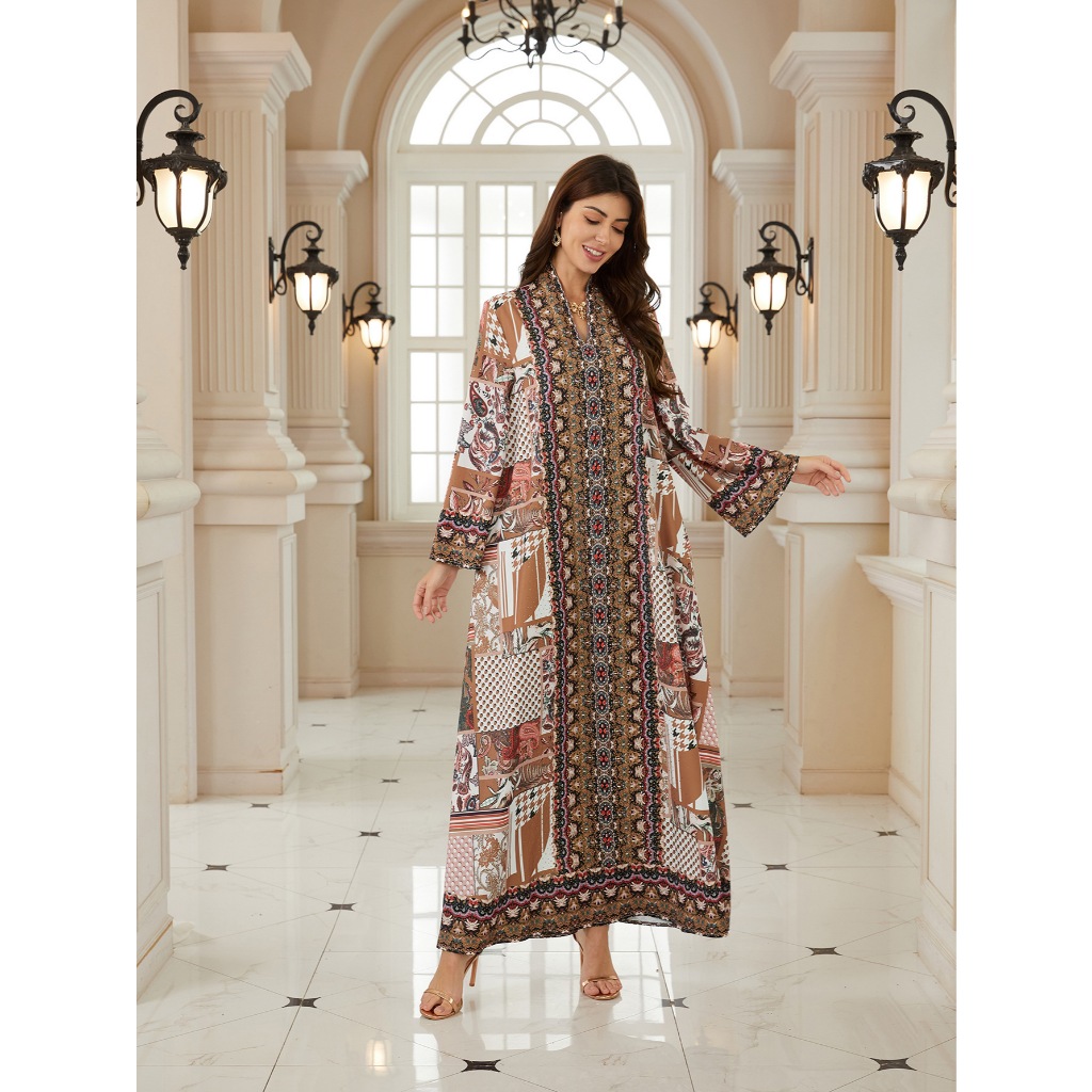 Elegant Jalabiya Sparkly Rhinestone Embroidered Kaftan Traditional Print Modest MaxiDress Arab Abaya MuslimGown