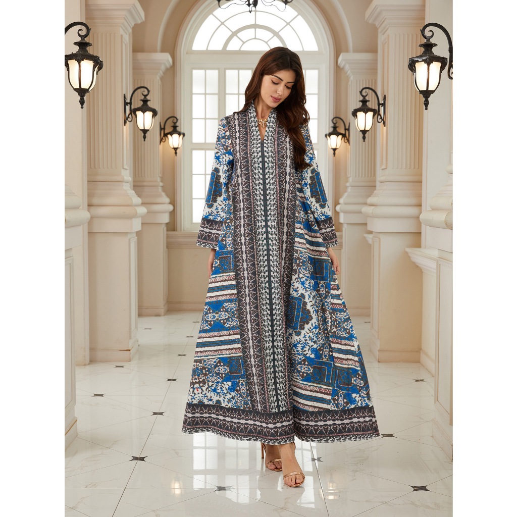 Luxury Muslim Women’s Long Sleeve Dress  Rhinestone & Water Diamond Print  Worldwide Viral Fashion Trend