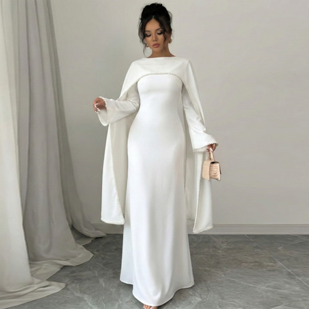 Evening Dresses Pearls Luxury Dubai O-Neck Formal Muslim Prom Gowns Beaded Shawl + Long-Sleeved Dress