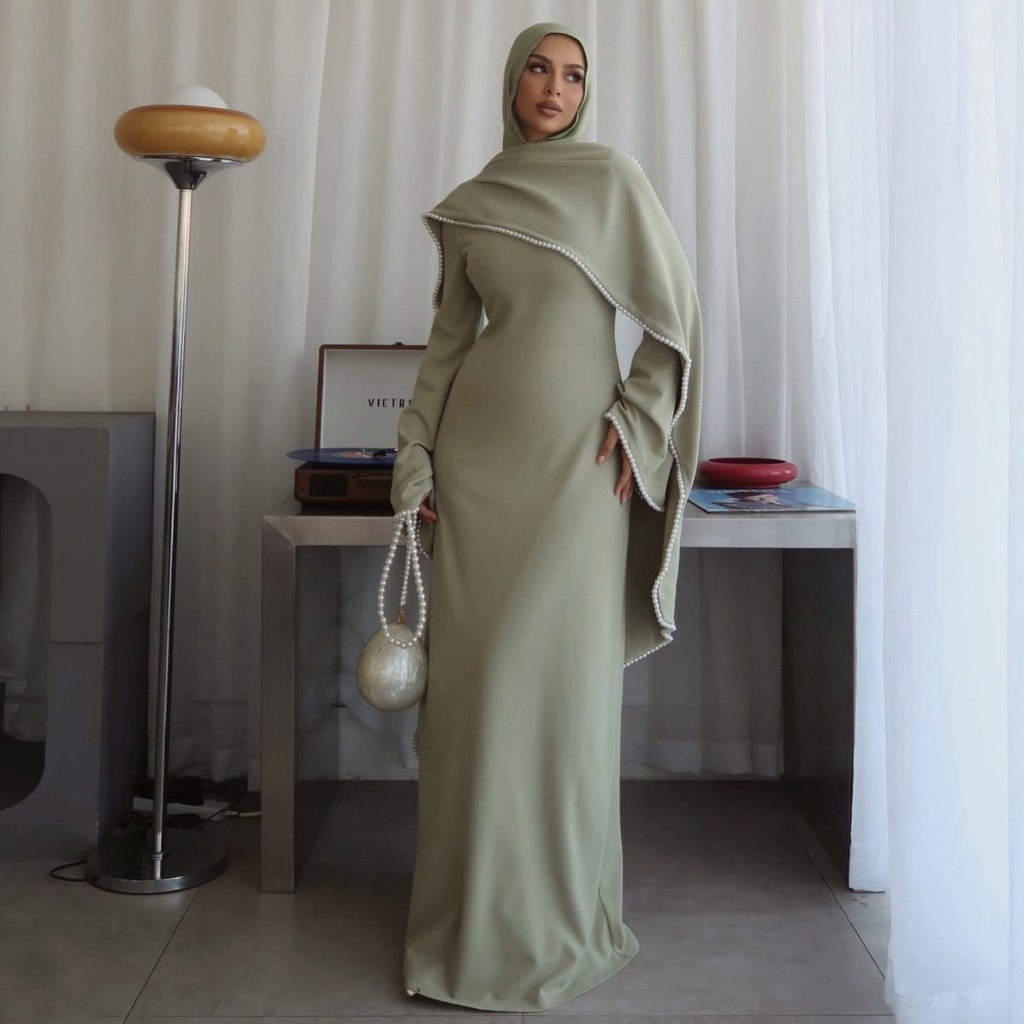 Evening Dresses Pearls Luxury Dubai O-Neck Formal Muslim Prom Gowns Beaded Shawl + Long-Sleeved Dress