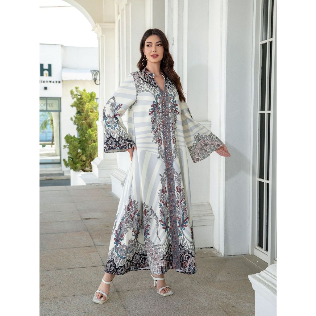 Muslim Ladies Long Dress Printed Diamond Embellished Stand Collar Abaya New Style Cross-Border Middle East Clothing