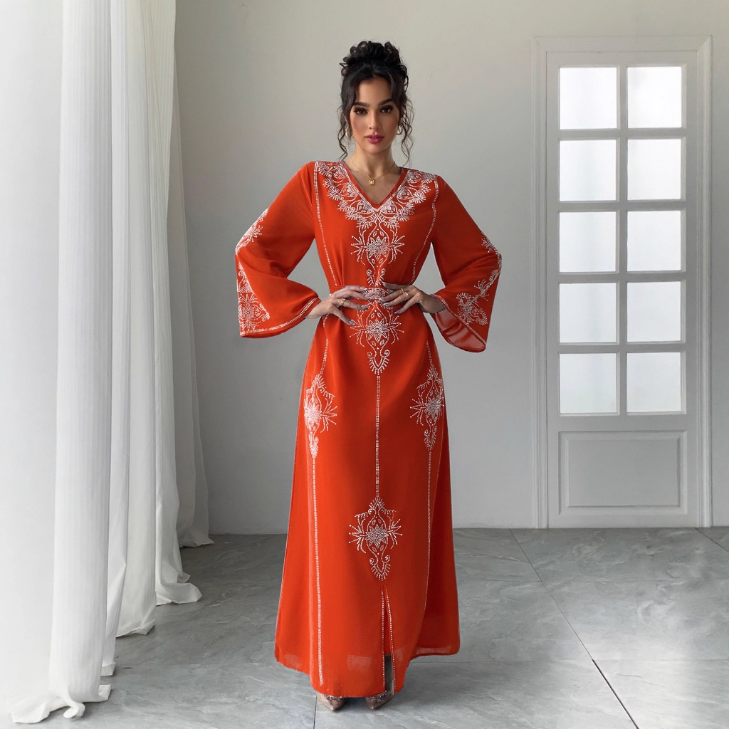 Women Diamond Dress Abaya Muslim Jalabiya Ramadan V Neck Party Dresses Arab Long Robe Dubai Kaftan