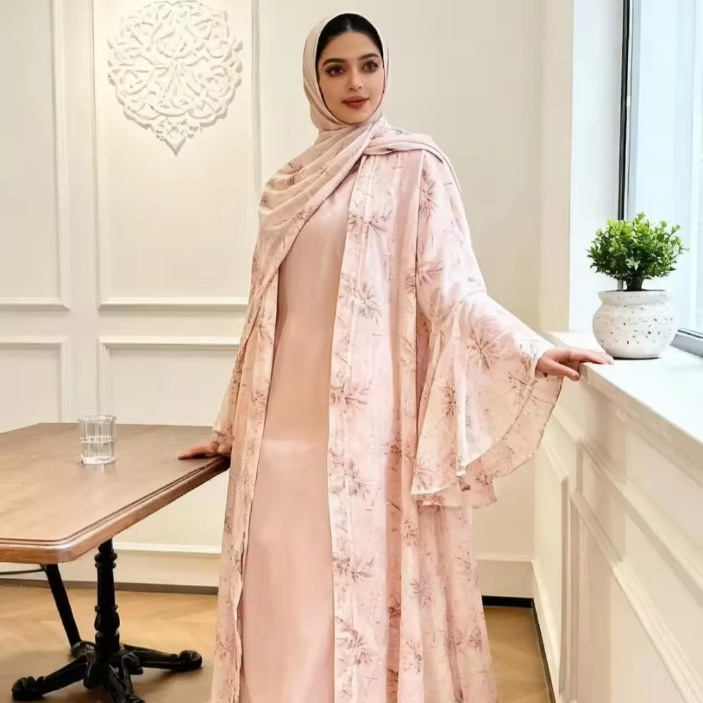 Dubai Women Pink Chiffon Printed Dress Open Kimono Abaya Floral Pattern Slim Fit Dress Kaftan Summer Casual Fashion