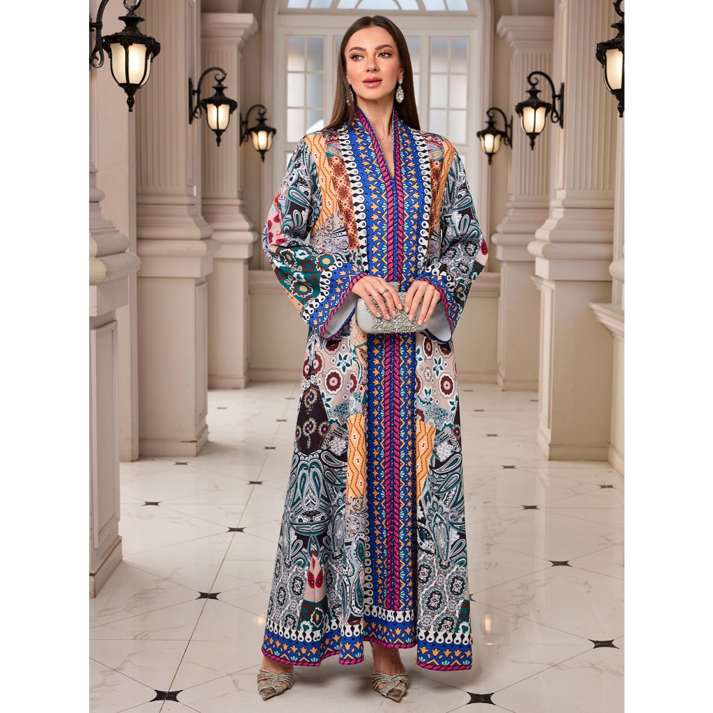 Ramadan Middle East Muslim New Ethnic Print Long Outer Wrap Robe Long Sleeve V-Neck Rhinestone Dress for Daily Wear