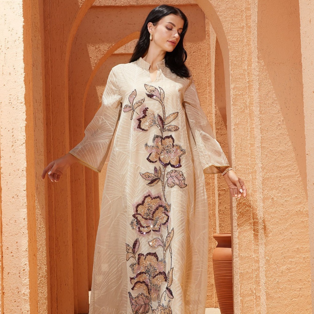 Women Dress Abaya Elegant Mesh Muslim Ramadan Jalabiya Embroidery Party Dresses Dubai Long Robe Kaftan