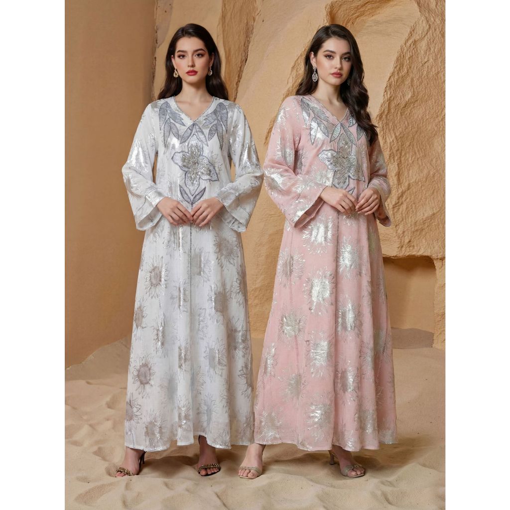 Abaya Women Party Dress Kaftan Jalabiya V Neck Sequins Muslim Dubai Ramadan Caftan Long Robe