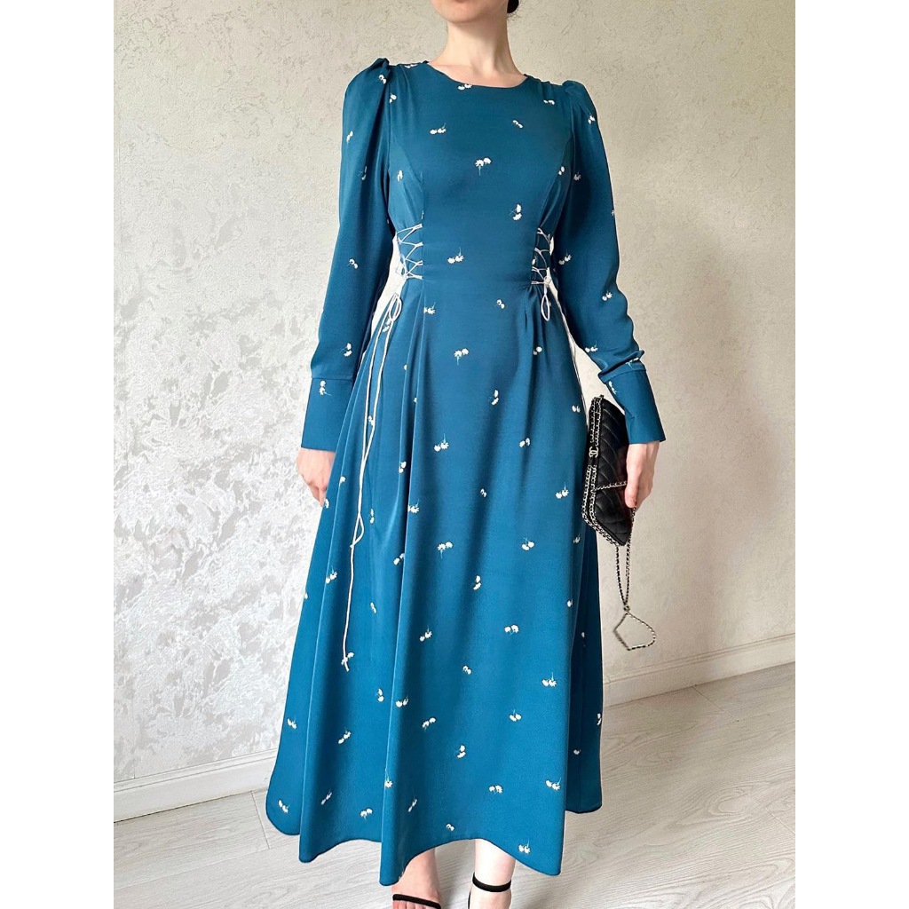 Chic Drawstring Waist Loose Dress Women Long Sleeve O Neck High Waist Pullover Swing Knee Length Spring Autumn