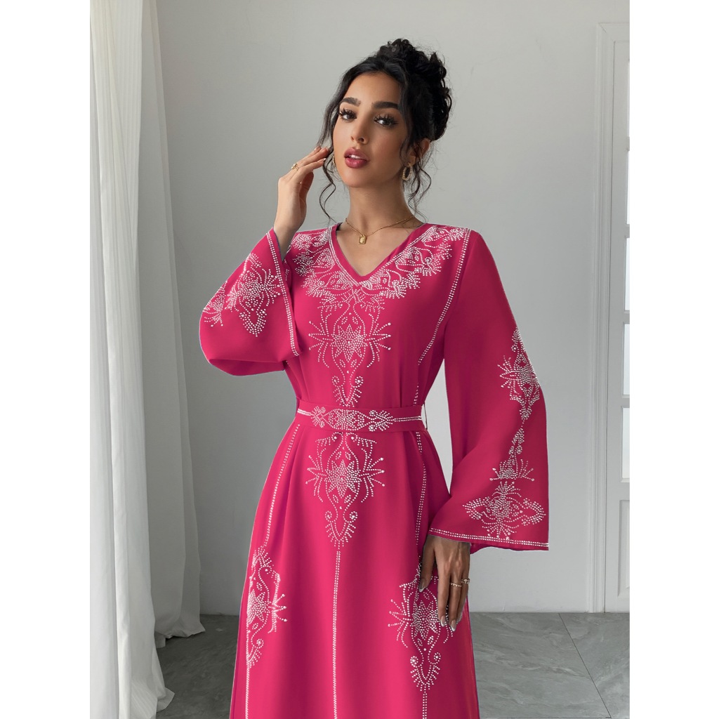 Women Diamond Dress Abaya Muslim Jalabiya Ramadan V Neck Party Dresses Arab Long Robe Dubai Kaftan