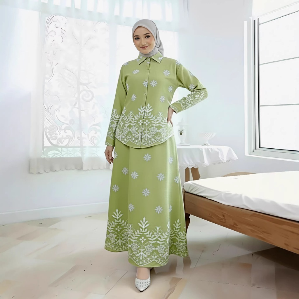 Women Print Blouse Long Skirt 2 Piece Set Muslim Button Blusa Jalabiya Ramadan Dubai Arab Long Spring