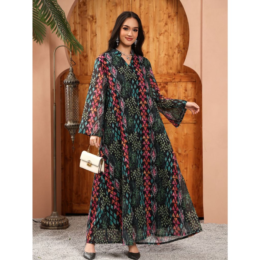 Dubai Luxury Floral Embroidery Abayas Muslim Rhinestone Decorated Loose Dress Women Clothes