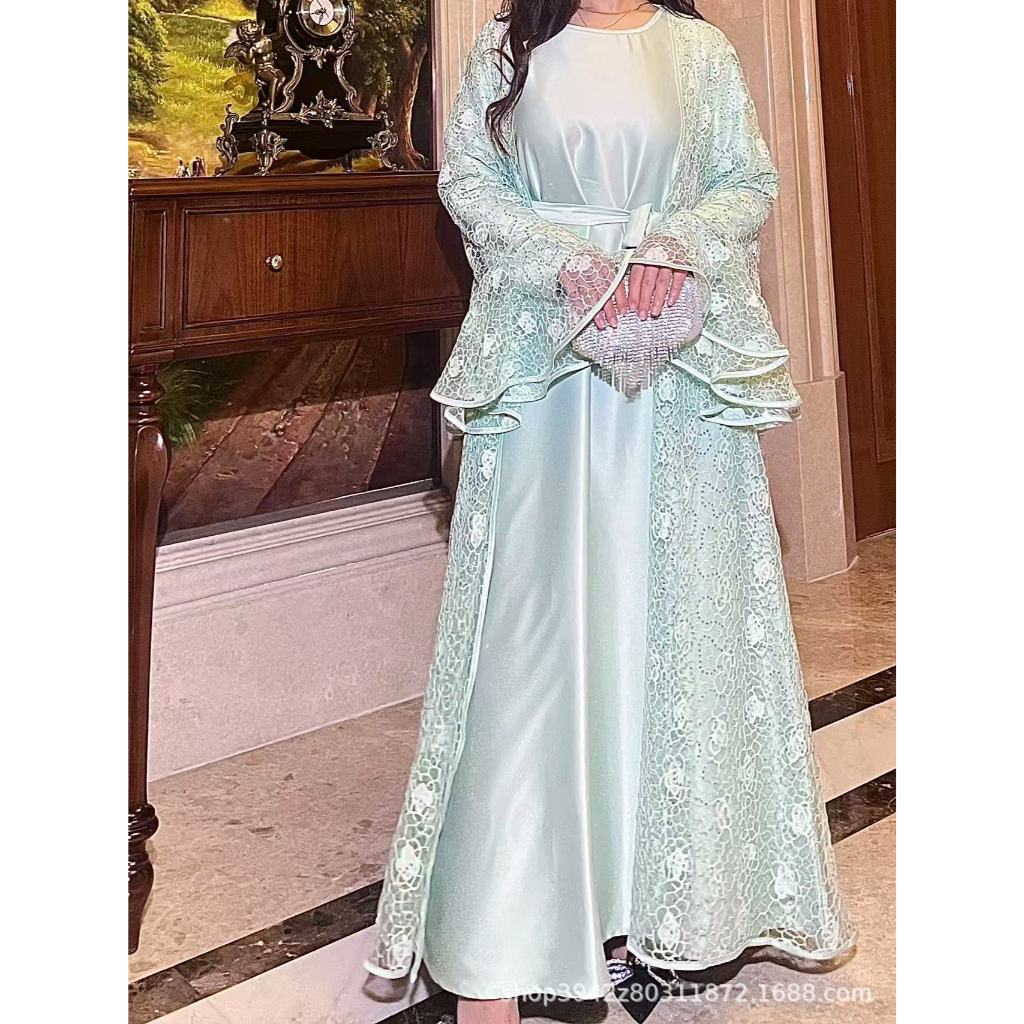 Muslim Party Women's Suits Lace Flare Sleeve Shawl Coat and Long Dress Two Piece Set Spring Elegant Solid Color Outfit