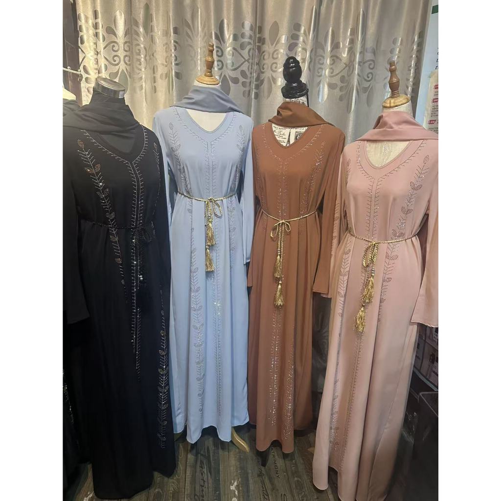 New Bell-sleeved women's abaya robe dress pullover with rhinestones and scarf, Dubai Robe