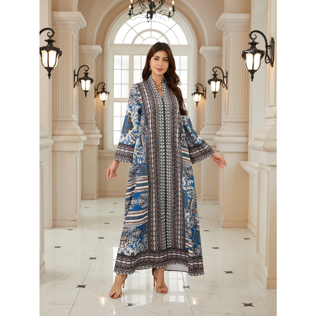 Luxury Muslim Women’s Long Sleeve Dress  Rhinestone & Water Diamond Print  Worldwide Viral Fashion Trend