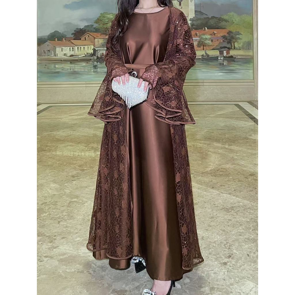 Muslim Party Women's Suits Lace Flare Sleeve Shawl Coat and Long Dress Two Piece Set Spring Elegant Solid Color Outfit