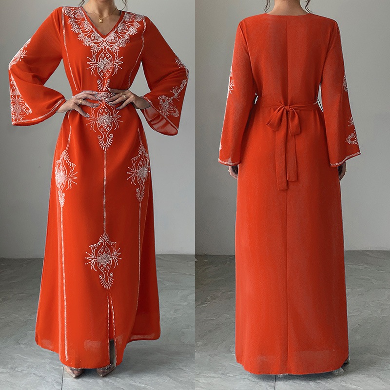 Women Diamond Dress Abaya Muslim Jalabiya Ramadan V Neck Party Dresses Arab Long Robe Dubai Kaftan