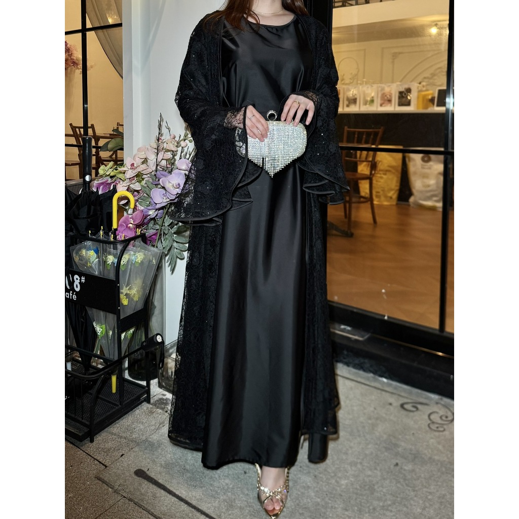 Muslim Party Women's Suits Lace Flare Sleeve Shawl Coat and Long Dress Two Piece Set Spring Elegant Solid Color Outfit